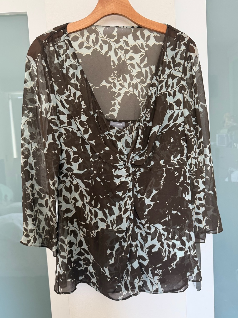 Ann Taylor Silk Black and Mint Floral Sheer Women’s Draped Blouse